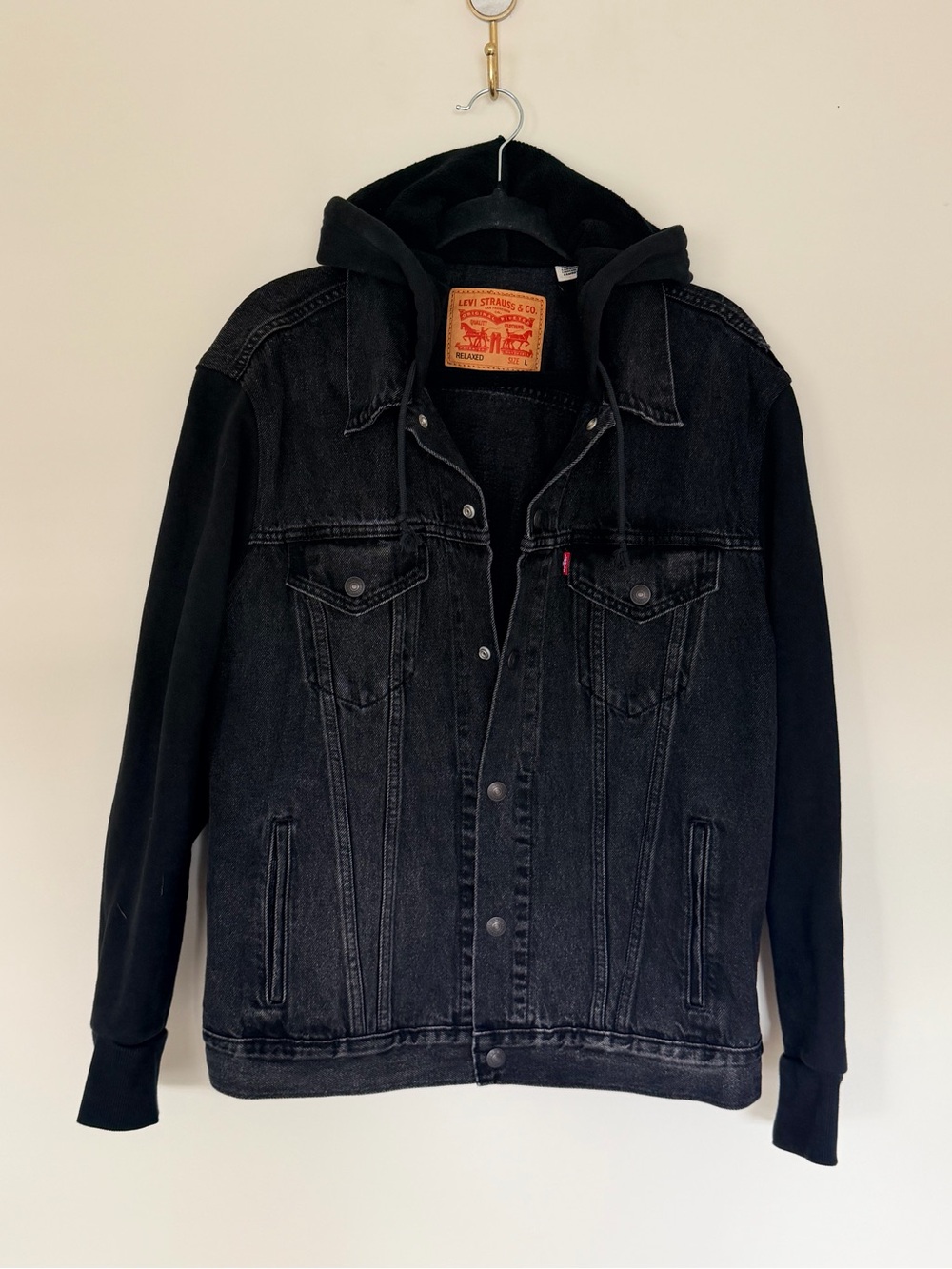 Levi's Hooded Trucker Jacket Black Denim Jersey Hood Mixed Media Unisex